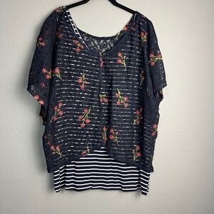 French Blue Layered Crochet Floral Lace Top Striped Tank Set Trendy‎ Casual 2X